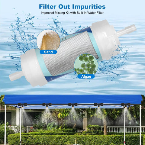 Plug And Play Outdoor Misting Kit 50 Feet Installation Free With Built In Water Filter 15 Brass Nozzles above patio