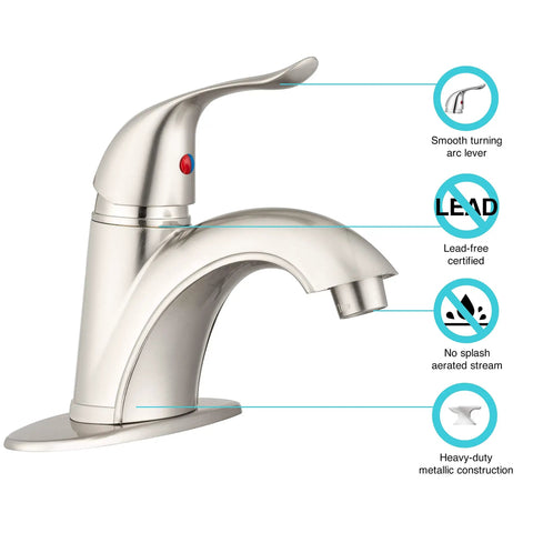 RV Single Handle One Hole Bathroom Faucet in Brushed Satin Nickel Finish with arc lever, durable metal construction, easy control