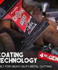Premium Oscillating Multi Tool Blades For Hard Metal Demolition featuring TiAlN Coated Carbide Edges close-up on blade for metal cutting.