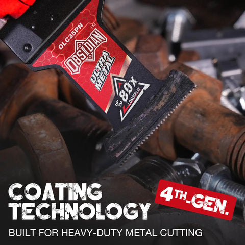 Premium Oscillating Multi Tool Blades For Hard Metal Demolition featuring TiAlN Coated Carbide Edges close-up on blade for metal cutting.