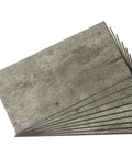 Stacked dark slate peel and stick backsplash tiles, 5.9in x 11.8in, showing texture detail. Dark Slate Peel And Stick Backsplash Kit For Kitchen And Bath Large 5.9in x 11.8in Self Adhesive Subway Tiles Waterproof And Durable Quick No Fuss Install 22 Piece Set Covers About 10.63 Sq Ft.