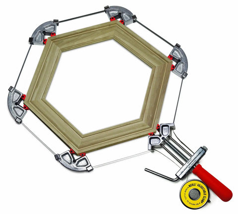 Merle Pro Grade Multi Corner Woodworking Clamp With Steel Band System Delivers Even Pressure Around Every Angle And Adapts To Square Rectangular Circular And Irregular Shapes With Pivoting Non Marring ABS Jaw Inserts securing hexagonal frame