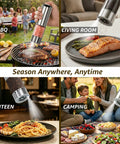 Electric Salt And Pepper Grinder Set With Type C Fast Charging used in BBQ, living room, canteen, and camping settings.