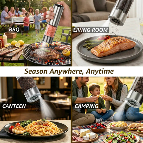 Electric Salt And Pepper Grinder Set With Type C Fast Charging used in BBQ, living room, canteen, and camping settings.
