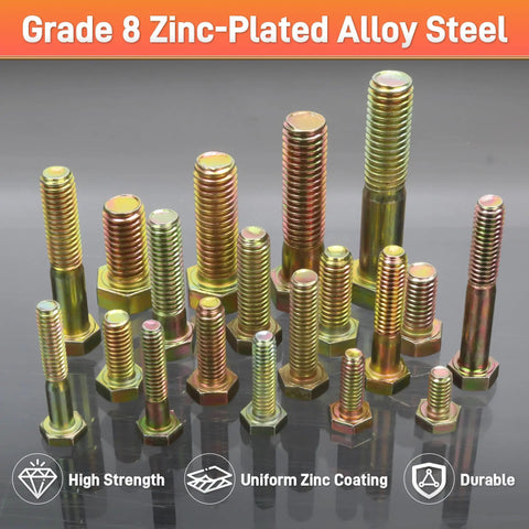 Heavy Duty Grade 8 Bolts And Nuts Set With Case, SAE Hex Bolts And Washers, Multi Size 1/4-20 5/16-18 3/8-16 1/2-13, Carbon Steel Machine Hardware Kit For Home Garage And Auto Repairs with zinc-plated alloy steel on display.