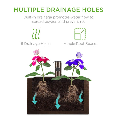 Diagram of Portable Steel Umbrella Base With Fillable Planter, 150lb Capacity, showing drainage holes and root space.