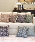 Floral Pillow Covers 18x18 Vintage Block Print Throw Pillow Covers In Neutral Dusty Blue For Living Room Farmhouse Style Cozy Homey Couch Decor Accent Sofa Pillows on sofa