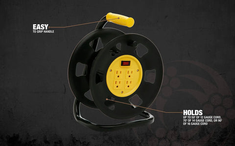 Jobsite Ready Beefy Cord Reel With 4 Grounded Outlets Black And Yellow Holds 50 Ft Of 12 Gauge 70 Ft Of 14 Gauge Or 90 Ft Of 16 Gauge Circuit Breaker Protected Extension Reel For Powering Multiple Tools, shown on a black background with yellow handle and grounded outlets