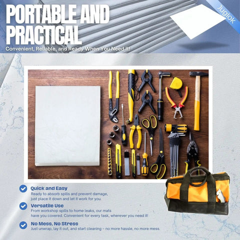 10 Pack Water Absorbent Mats 13.8 By 15.8 Inch Reusable Pads next to a tool set, showcasing quick-dry and multi-use features.