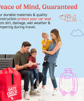 Family with Go To Gate Check Car Seat Travel Bag For Airplane, Lightweight Protective Cover For All Baby And Infant Car Seats, Airport Essentials For Gate Check, AirTag Compatible Red, seated beside red gate check bag.