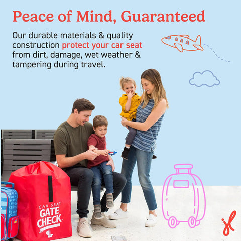 Family with Go To Gate Check Car Seat Travel Bag For Airplane, Lightweight Protective Cover For All Baby And Infant Car Seats, Airport Essentials For Gate Check, AirTag Compatible Red, seated beside red gate check bag.