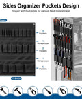 Sides organizer pockets design with multiple sizes for hand tool storage, shown with assorted tools in a workshop setting.