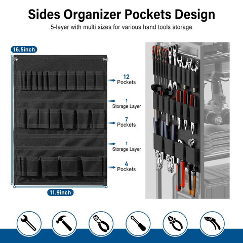 Sides organizer pockets design with multiple sizes for hand tool storage, shown with assorted tools in a workshop setting.