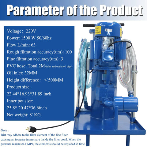 Portable Hydraulic Oil Filter Cart With 3 Micron Precision Filtration And Single Cylinder Purification System Killing Grit Fast With A Slick Pressure Gauge 2M Flexible PVC Hose And 220V Setup with detailed specifications.