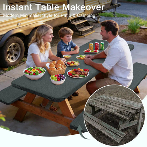 Family using fitted picnic tablecloth 3 piece set with bench covers and built-in storage pouch, ideal for outdoor meals.