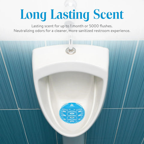 Urinal with Ocean Blue Odor Bustin Urinal Screen Mats With Splash Guard For Clean Restrooms, Long Lasting Freshness.