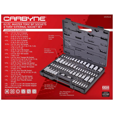 Pro Grade 62 Piece Torx Master Bit Socket Set With External Star Sockets, S2 Steel, 1/4 3/8 1/2 Inch Drive, Tamper Resistant And Torx Plus open case with bits