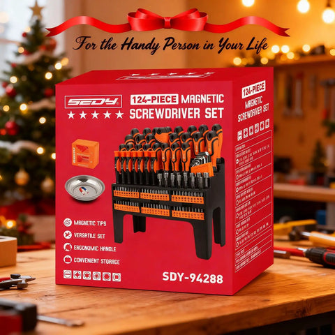 Packaging of the All In One 124-Piece Magnetic Screwdriver Set With Plastic Racking on wooden workshop table, Christmas decor
