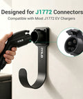 Heavy Duty EV Charger Wall Mount Bracket Compatible With SAE J1772 Connectors showing a steel hook holding an EV charger plug.
