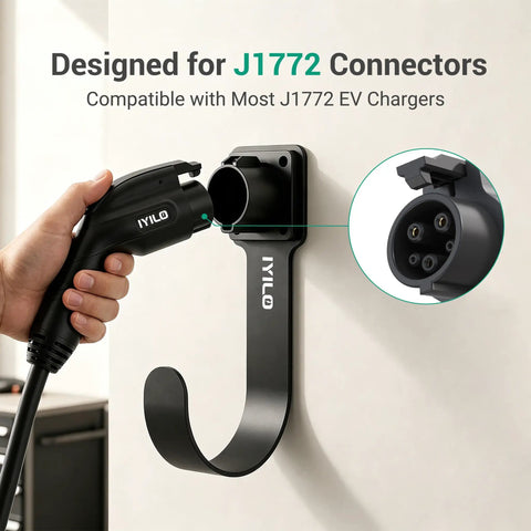 Heavy Duty EV Charger Wall Mount Bracket Compatible With SAE J1772 Connectors showing a steel hook holding an EV charger plug.