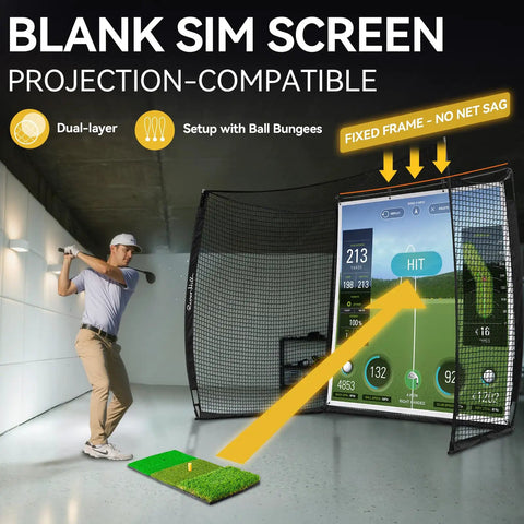 Indoor Outdoor Golf Cage With Impact Screen 10x8 Ft Hitting Net, golfer swinging in indoor setup with simulation screen