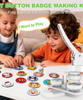 Front view of button badge maker machine, white plastic, 58mm, on table with round badges; kids crafting at home.