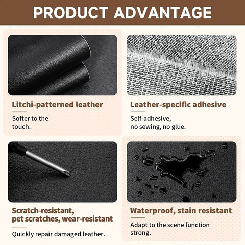 Leather Repair Tape Heavy Duty Vinyl Patch with waterproof self-adhesive properties, shown with scratch and stain resistance.