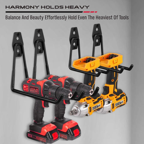 Heavy Duty Garage Tool Hook Set, 15-Piece Wall Mount Organizer holding power drills, shown in use with steel bracket wall rack.