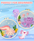 Easy Peasy Beginner Punch Needle Kit For Adults With All Tools And Materials Easy To Follow Instructions And Videos Water Soluble Pattern On Linen Axolotl And Octopus Design No Fuss Embroidery Starter For Relaxation And Skill Building, featuring axolotl and octopus embroidery hoops with ocean designs on a blue background.