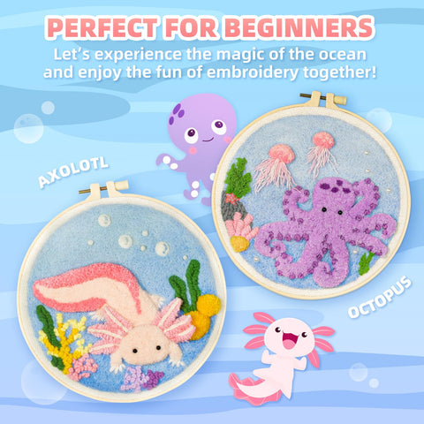 Easy Peasy Beginner Punch Needle Kit For Adults With All Tools And Materials Easy To Follow Instructions And Videos Water Soluble Pattern On Linen Axolotl And Octopus Design No Fuss Embroidery Starter For Relaxation And Skill Building, featuring axolotl and octopus embroidery hoops with ocean designs on a blue background.