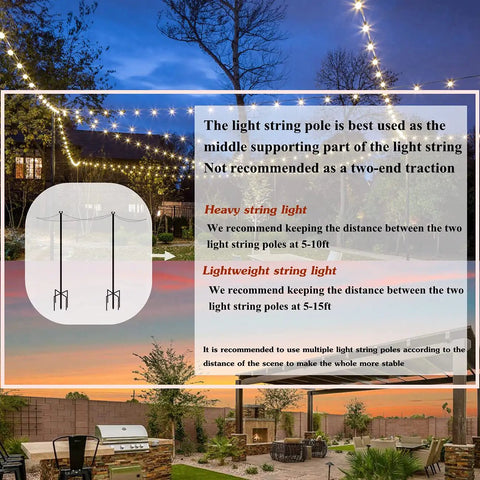 Outdoor String Light Pole With 5 Prong Fork Steel Pole For Patio Garden Backyard And Events Plug And Play Easy Setup 3 Section Detachable Design 2 Pack for backyard lighting setup