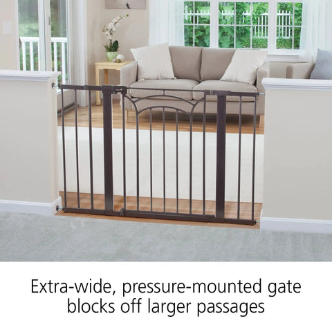 Tall and wide baby gate for doorways with easy install no drilling and pressure mount decor friendly design with secure lock indicator kid safe great for wide doorways and stairs quick release for periods of non use.