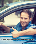 Man giving a thumbs up from a blue car window, representing readiness for emergencies, with a light shirt and smiling expression.