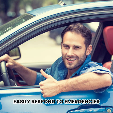 Man giving a thumbs up from a blue car window, representing readiness for emergencies, with a light shirt and smiling expression.