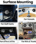 No Sweat Install Angled 6.5 Inch Speaker Pods Two Pack Slick Universal Mount Kit showcased in RV, UTV, and boat applications.