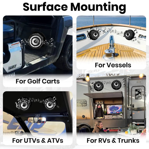 No Sweat Install Angled 6.5 Inch Speaker Pods Two Pack Slick Universal Mount Kit showcased in RV, UTV, and boat applications.