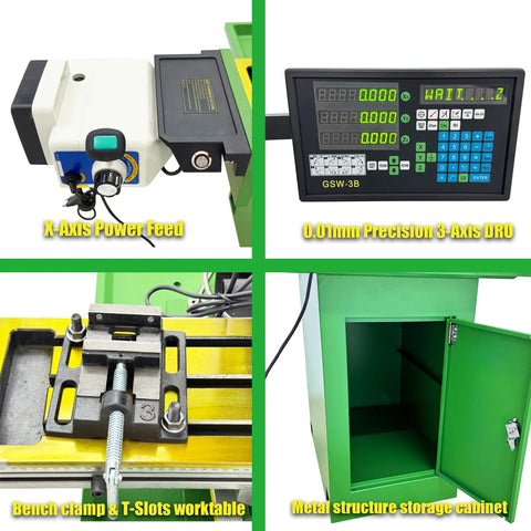 Techtongda 8x33 Inch Metal Milling Machine With 2HP Brushless Motor For 110V Power featuring X-Axis power feed and 0.01mm Precision 3-Axis DRO.