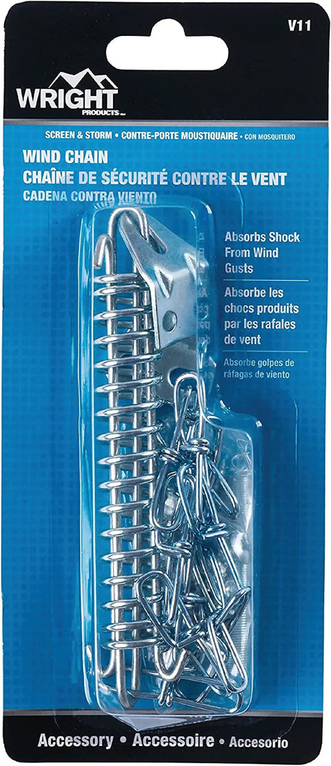 Heavy Grit Zinc Steel Wind Chain For Storm And Full View Screen Doors Adjustable Shock Absorber Retainer packaging with hardware.
