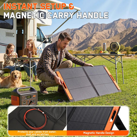 Person setting up Portable Solar Panel 100W Foldable ETFE Charger, magnetic handle, in outdoor camping scene