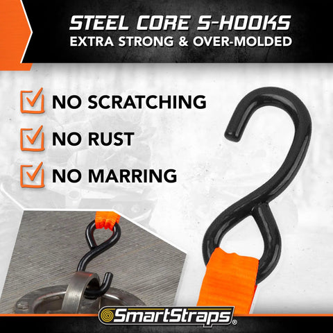 Steel core S-hook from SmartStraps 14Ft Premium Ratchet Strap Set 4 Pack For Hauling Heavy Loads With 3000 Lbs Break Strength And 1000 Lbs Safe Working Load Ideal For Boats Appliances Motorcycles And More, highlighting durability features