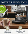 La Specialista Arte Espresso Machine Conical Burr Grinder Eight Grind Settings with powerful steam wand and milk texturing for lattes.