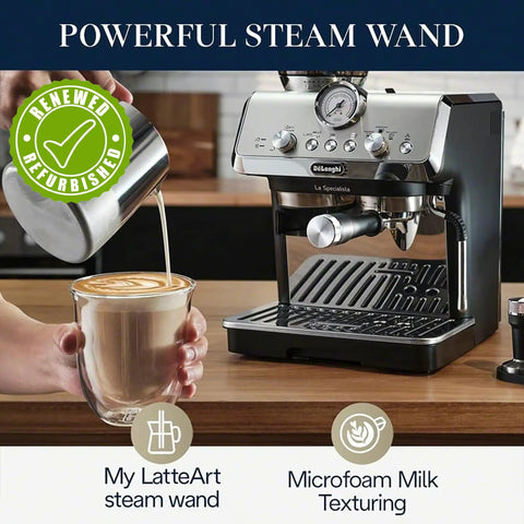 La Specialista Arte Espresso Machine Conical Burr Grinder Eight Grind Settings with powerful steam wand and milk texturing for lattes.