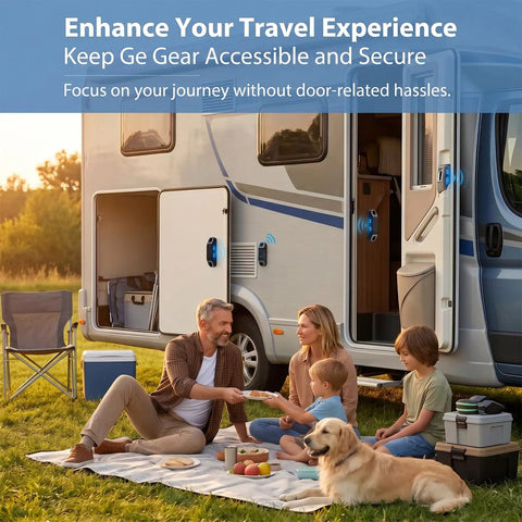 Family enjoying picnic beside RV equipped with 4 Pair RV Magnetic Door Holders Black Metal Magnetic Baggage Door Catch Clip For Camper Storage Secure Open Door Latch For Travel Trailers And Motor Homes Includes Screws