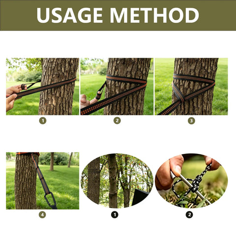 Step-by-step setup of All In One Camping Hammock With Mosquito Net And Rain Fly Tarp on tree for outdoor adventures.