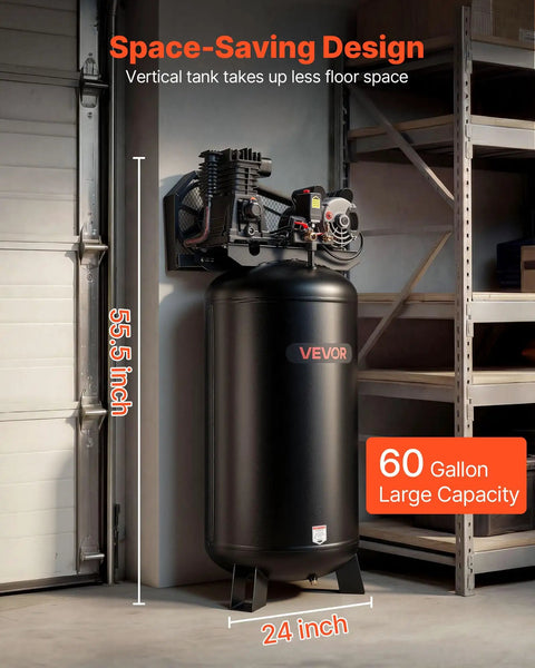 VEVOR 60 Gallon Air Compressor 3.7HP Belt Driven Oil Lubricated Tank 155PSI Max Pressure 8 SCFM Heavy Duty Industrial Grade Powerful Pump For Workshops And Auto Repair Shops No Plug Required Great Deal