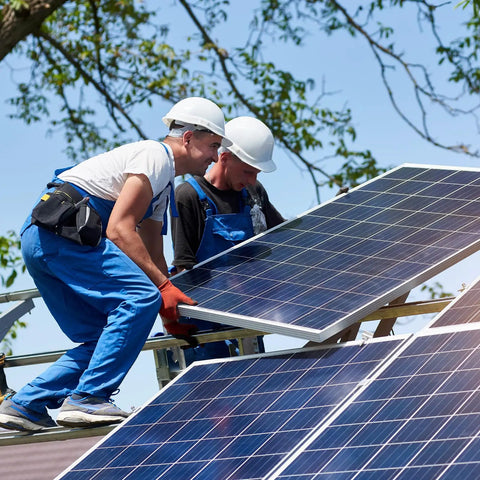 Two workers installing solar panels on a rooftop, focusing on sturdy setup for Five Piece Set Of Heavy Duty 15 Amp Solar Fuse Holders Inline With Class Two Overcurrent Guard To Keep Your Solar Rig Running Smooth Right Out The Gate.