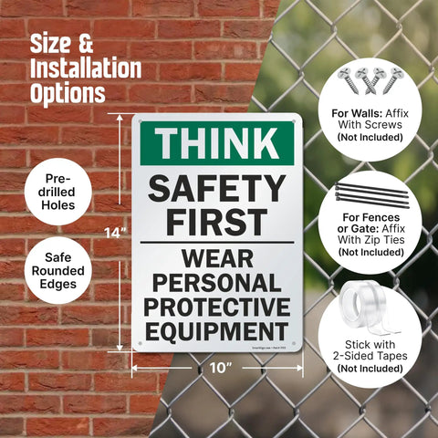 Think Safety First Wear Personal Protective Equipment Sign 10 By 14 Inch Aluminum Non Reflective Rust Free Durable 40 Mil Metal Sign With Four Corner Holes For Easy Mounting