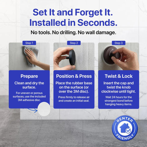 Instructions for installing Suction Cup Shower Hooks 2 Pack No Drill Towel Holder For Towels Robes And Coats on tile wall.