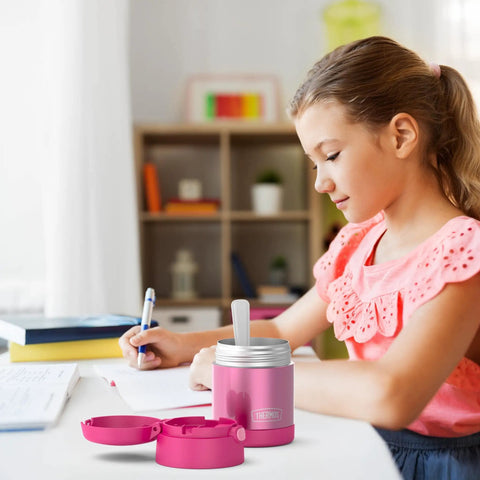 Insulated Kids Food Jar With Spoon 10 Oz Stainless Steel Vacuum Container Keeps Meals Hot Up To Five Hours And Snacks Cold All Day Pink BPA Free on a desk.