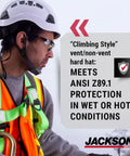 Worker wearing CH400V Climbing Style Hard Hat with Venting and Molded Cup Chin Strap, ANSI Z89.1 and OSHA Compliant Construction Helmet